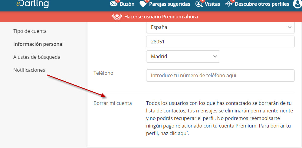 eliminar cuenta edarling