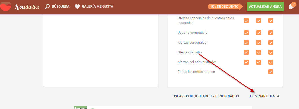 loveaholics eliminar perfil